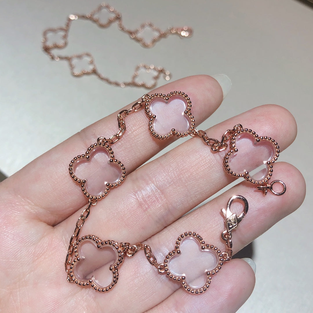 DIANA CLOVER 5 MOTIF ROCK CRYSTAL PINK GOLD BRACELET