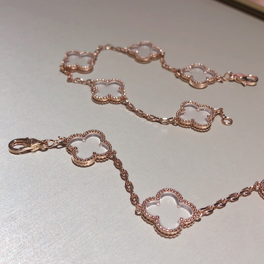 DIANA CLOVER 5 MOTIF ROCK CRYSTAL PINK GOLD BRACELET