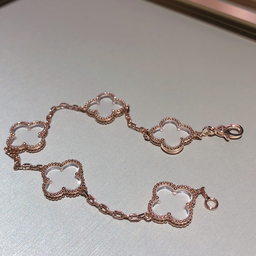 DIANA CLOVER 5 MOTIF ROCK CRYSTAL PINK GOLD BRACELET