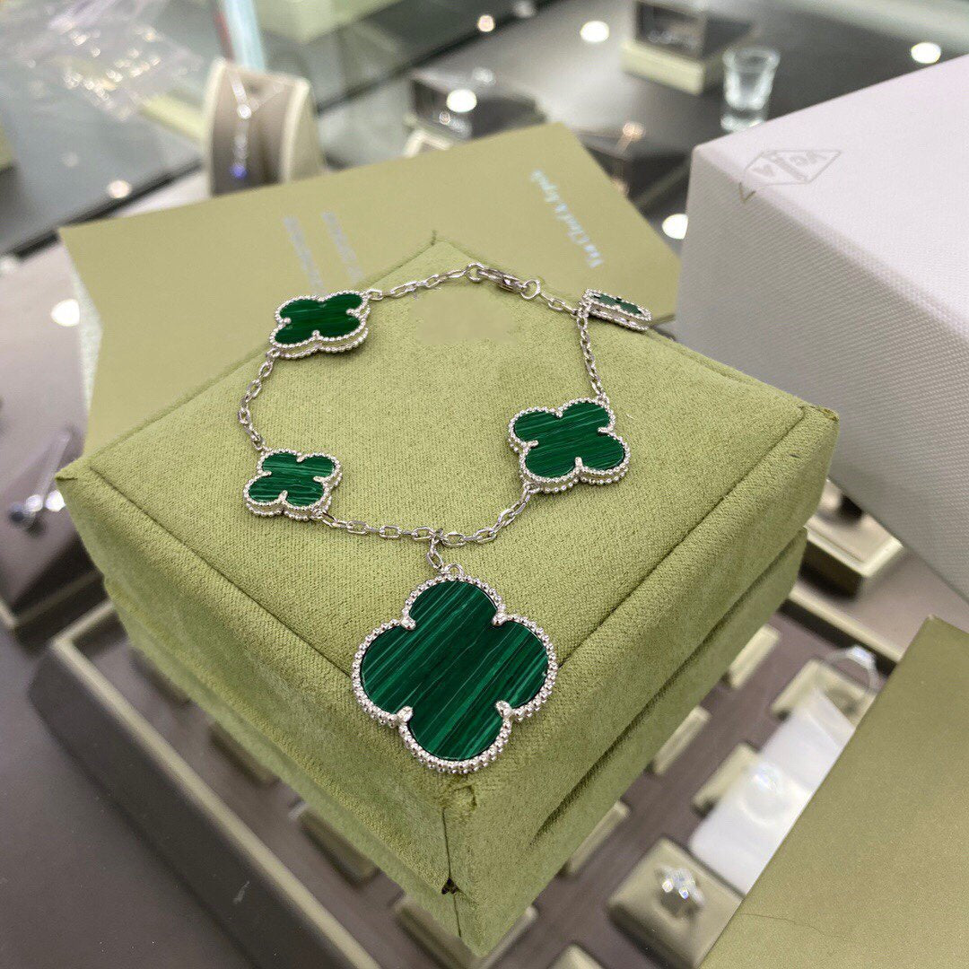 DIANA CLOVER 5 MOTIFS SIVLER MALACHITE BRACELET