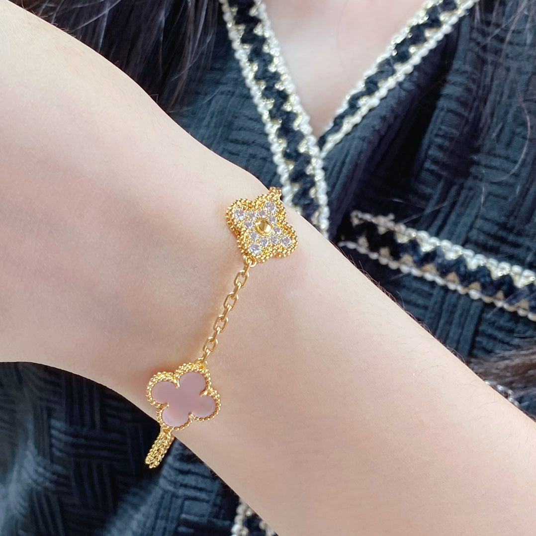 DIANA CLOVER 5 MOTIF DIAMOND PINK MOP PINK GOLD BRACELET