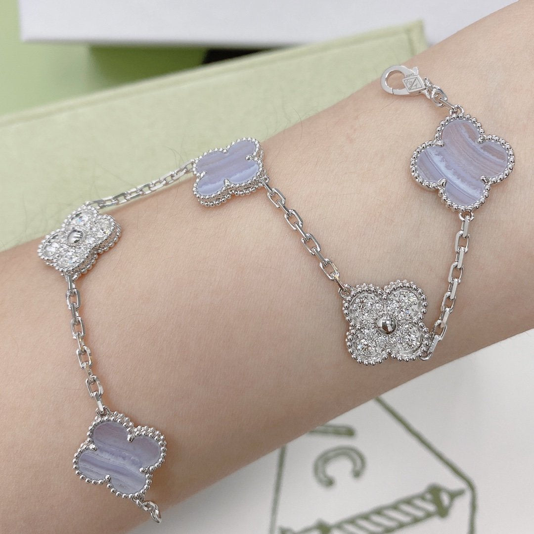 DIANA CLOVER 5 MOTIF DIAMOND PURPLE CHALCEDONY BRACELET SILVER
