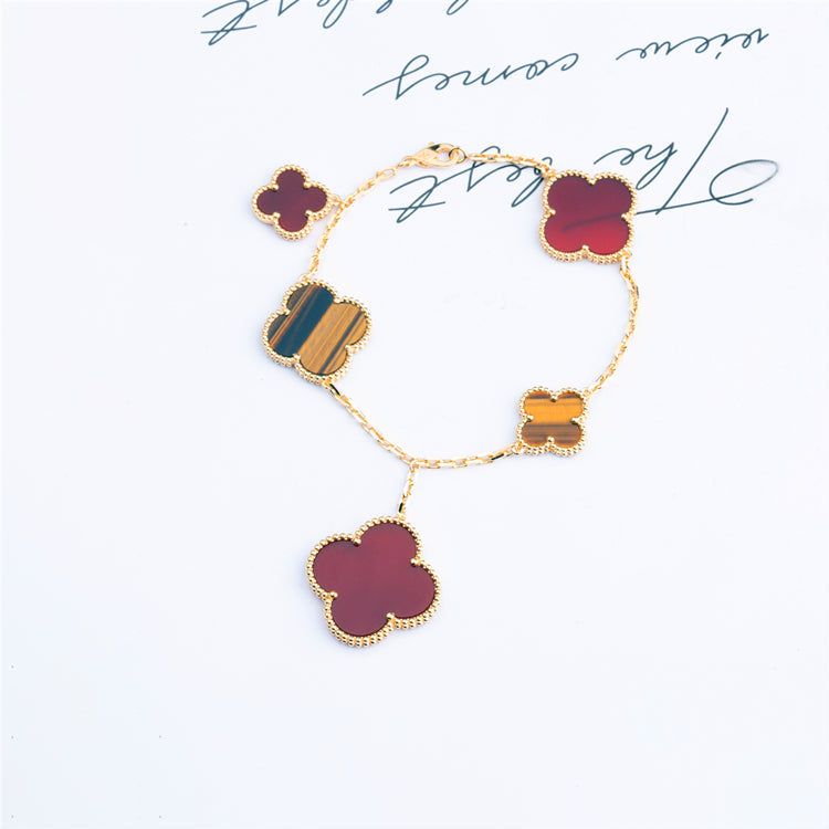 DIANA CLOVER BRACELET 5 MOTIFS CARNELIAN TIGER EYE