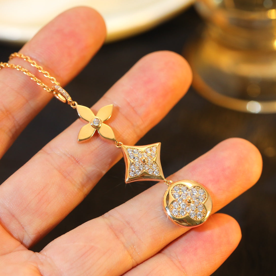 DIANA STAR AND SUN DIAMOND PINK GOLD NECKLACE