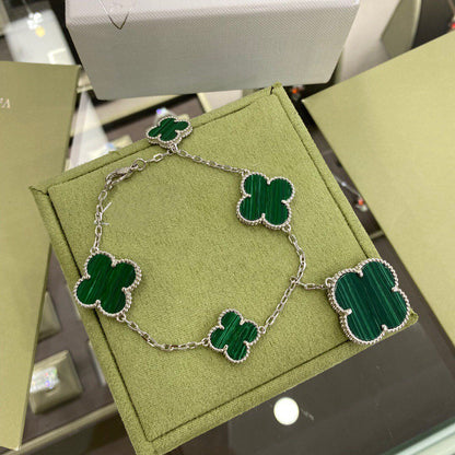 DIANA CLOVER 5 MOTIFS SIVLER MALACHITE BRACELET