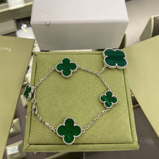 DIANA CLOVER 5 MOTIFS SIVLER MALACHITE BRACELET