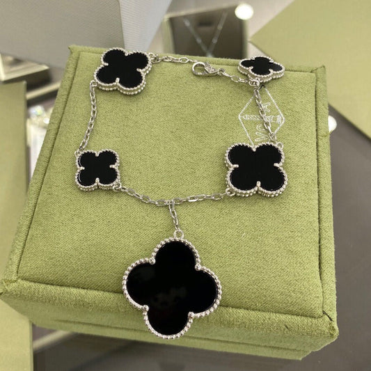 DIANA CLOVER 5 MOTIFS SIVLER ONYX BRACELET