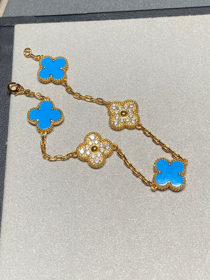 DIANA CLOVER 5 MOTIF BLUE CHALCEDONY DIAMOND GOLD BRACELET