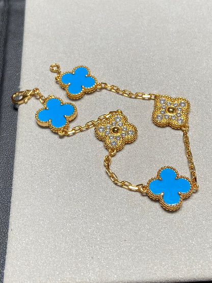 DIANA CLOVER 5 MOTIF BLUE CHALCEDONY DIAMOND GOLD BRACELET