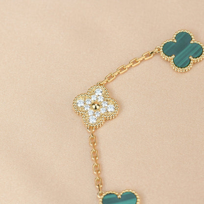 DIANA CLOVER  5 MOTIF MALACHITE DIAMOND BRACELET